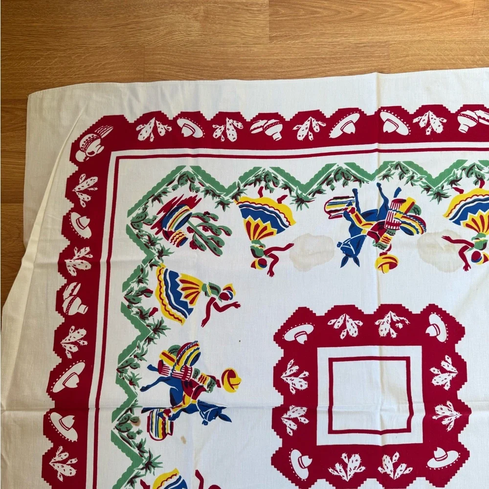 Vintage Folk Art Tablecloth with Red‎ Border